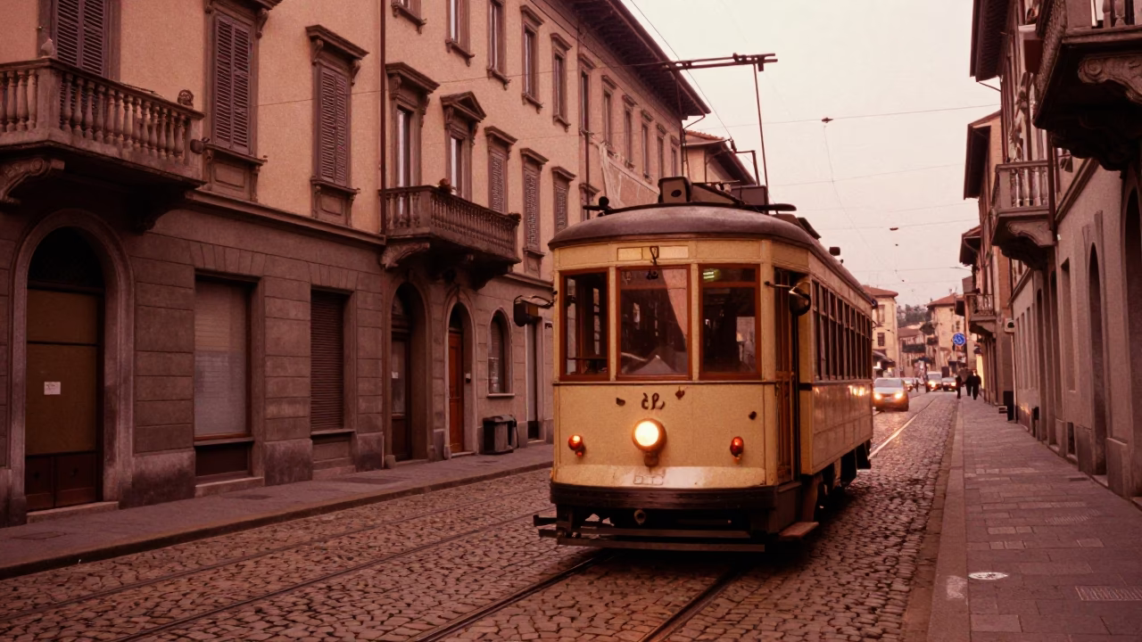Milan Italy Heritage Tram Cobblestone Street Copper Dusk Light Realistic Photography in in Milan, Italy