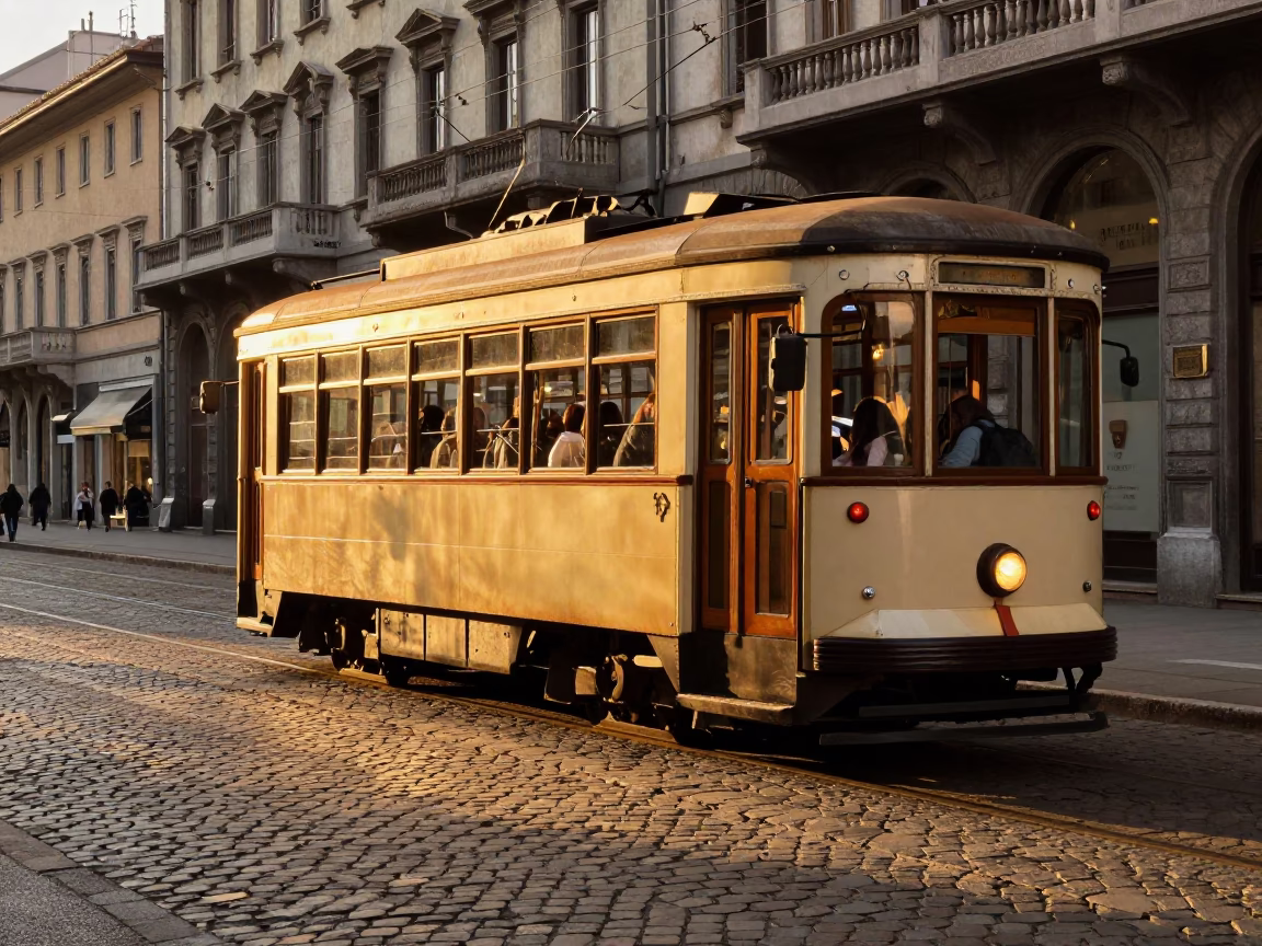 Milan Italy Honeyed Evening Light Heritage Tram Cobblestone Avenue Scene in in Milan, Italy