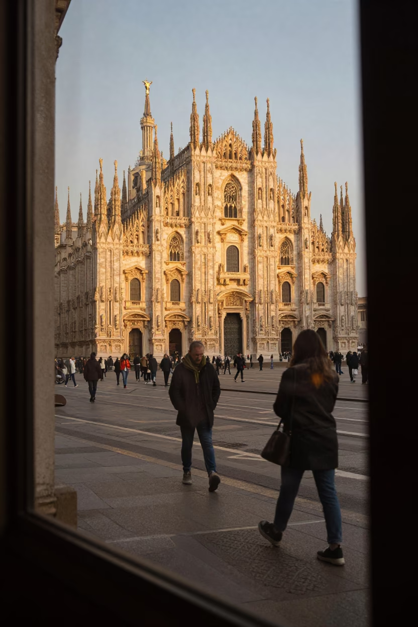 Milan Italy Honeyed Evening Light Street Scene with Condensation on Window Frame in in Milan, Italy