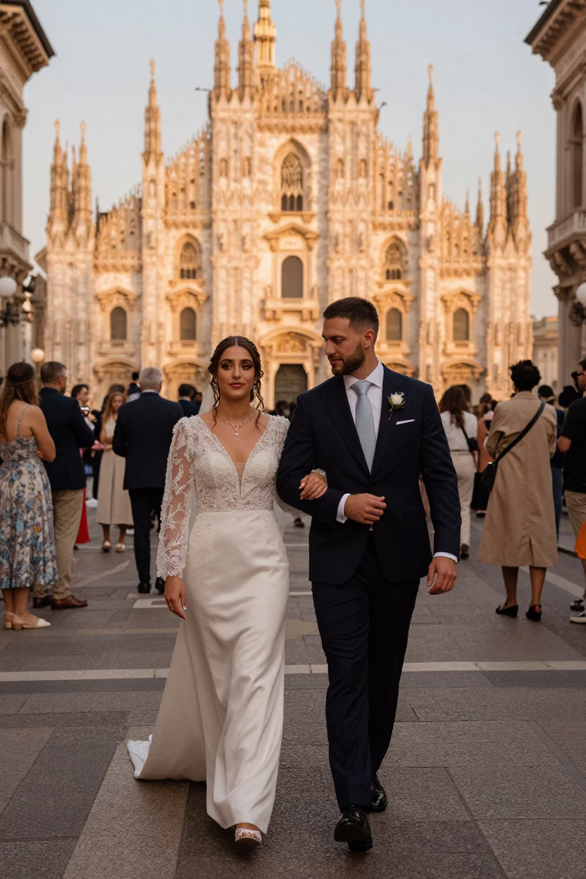 Milan Italy Honeyed Evening Light Traditional Wedding Procession Street Scene in in Milan, Italy
