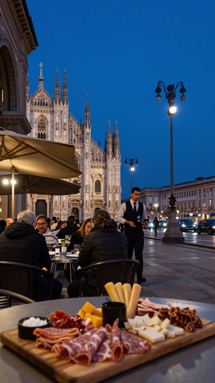 Milan Italy indigo twilight street scene with charcuterie board and bread loaves in in Milan, Italy