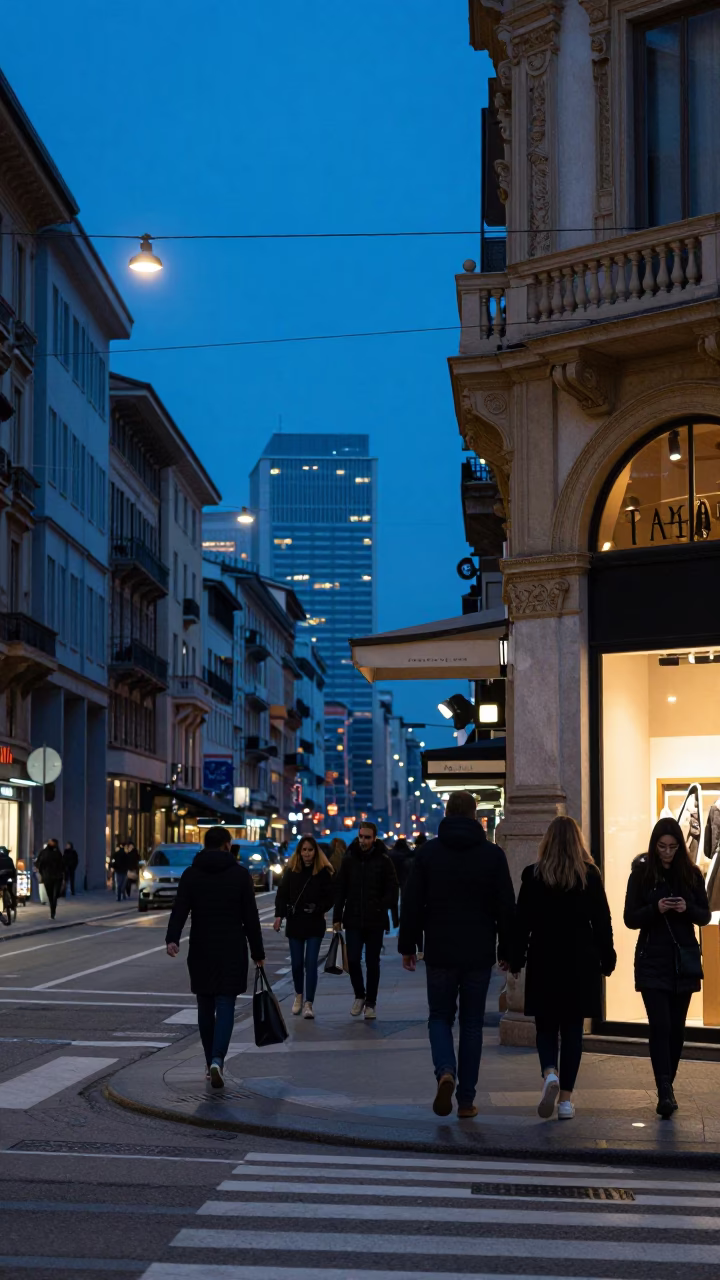Milan Italy Indigo Twilight Street Scene with Coats and Steel Details in in Milan, Italy