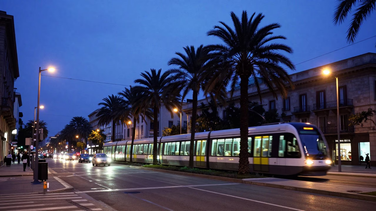 Milan Italy indigo twilight street scene with monorail passing glass towers and palm trees in in Milan, Italy