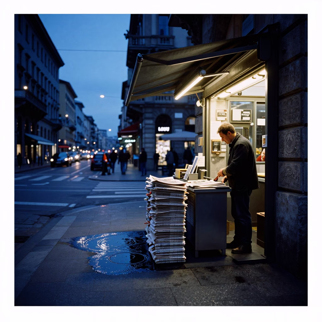 Milan Italy indigo twilight street scene with newspaper stack and brass details in in Milan, Italy