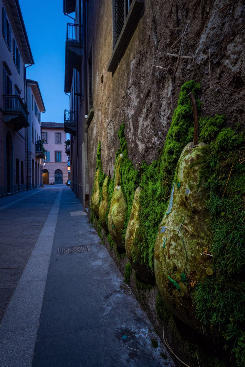 Milan Italy Indigo Twilight Street Scene with Pears and Mossy Stone Wall in in Milan, Italy
