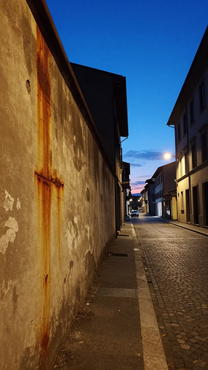 Milan Italy indigo twilight street scene with rusted wall and urban life in in Milan, Italy