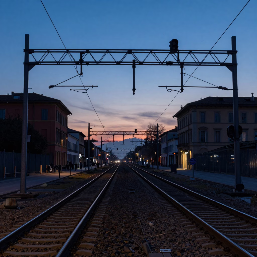 Milan Italy Indigo Twilight Street Scene with Signal Gantry and Parallel Rail Lines in in Milan, Italy