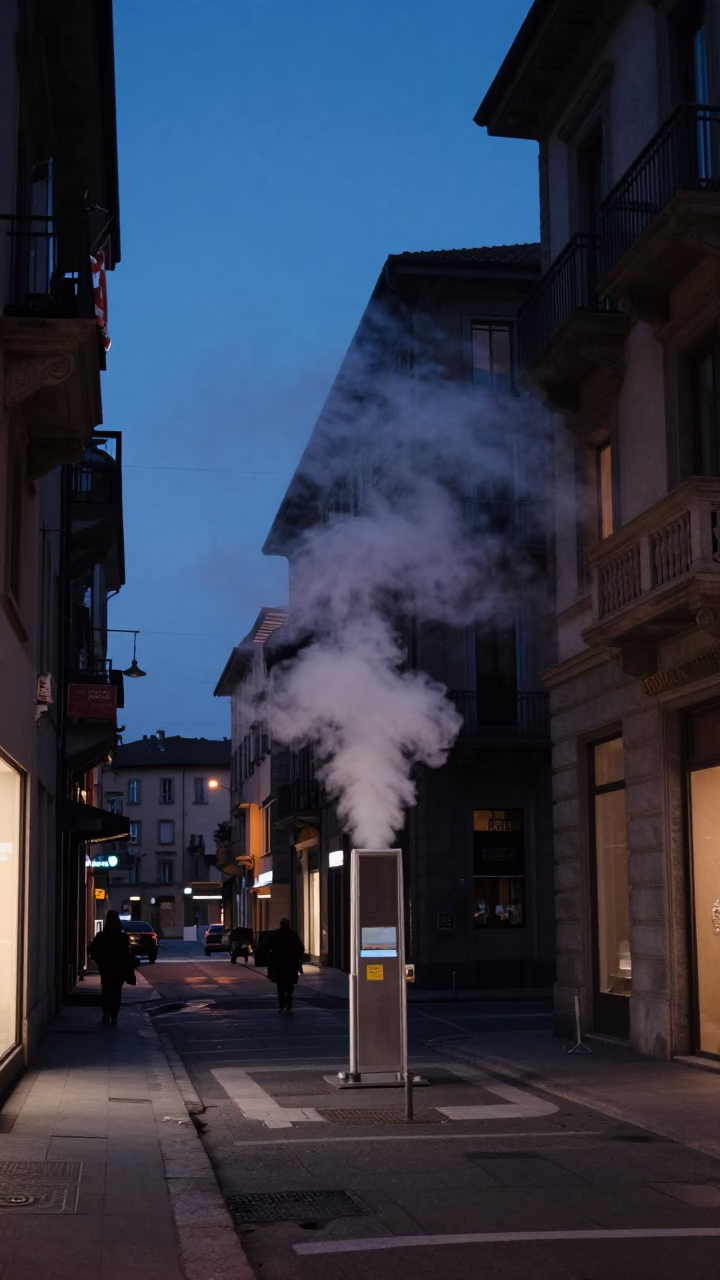 Milan Italy Indigo Twilight Street Scene with Steaming District Heating Pipe and Historic Architecture in in Milan, Italy