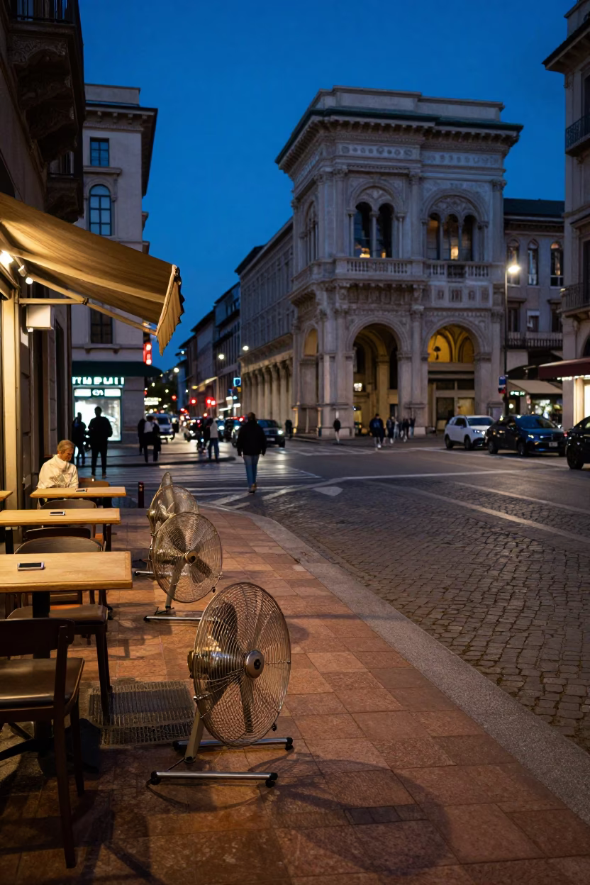 Milan Italy Indigo Twilight Street Scene with Table Fans and Local Life in in Milan, Italy