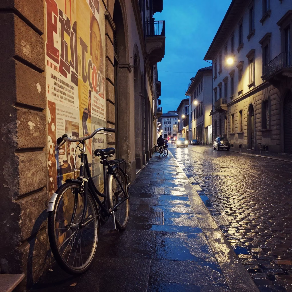 Milan Italy indigo twilight street scene with vintage bicycle and historic architecture in in Milan, Italy