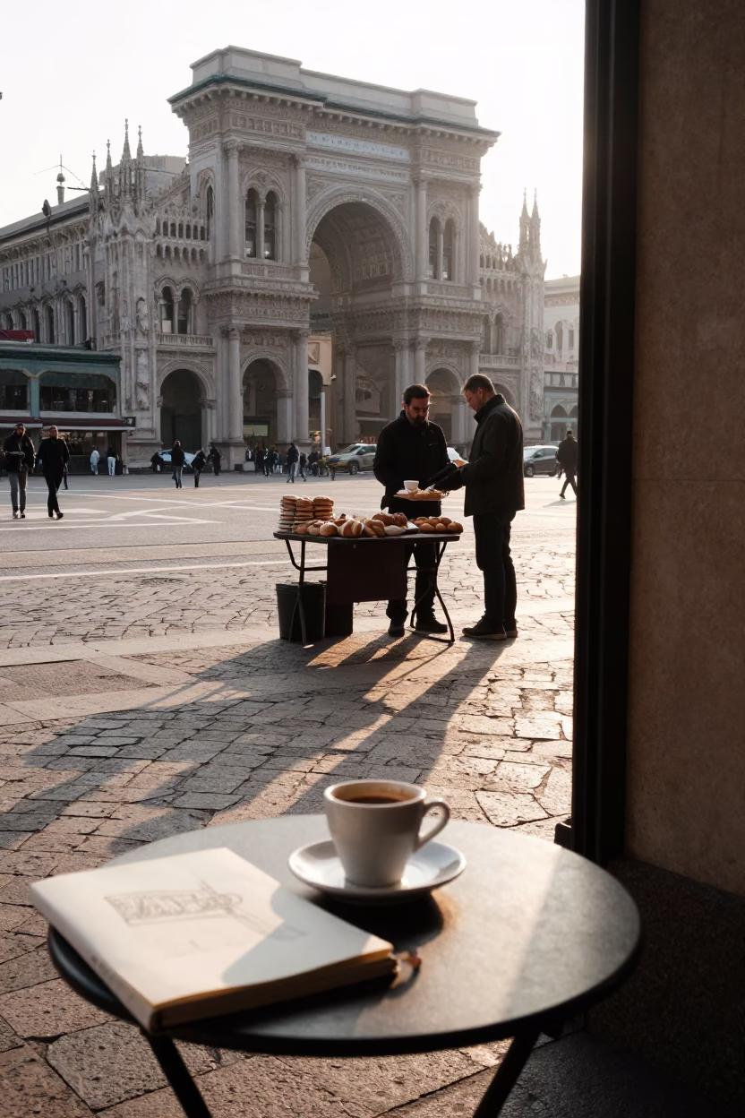 Milan Italy Just After Sunrise Street Scene with Espresso Cup and Sketchbook in in Milan, Italy