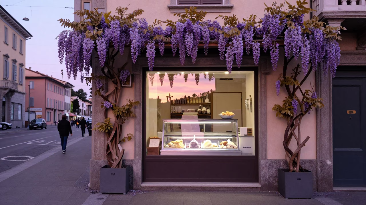 Milan Italy Just After Sunrise Street Scene With Wisteria And Gelato Display in in Milan, Italy