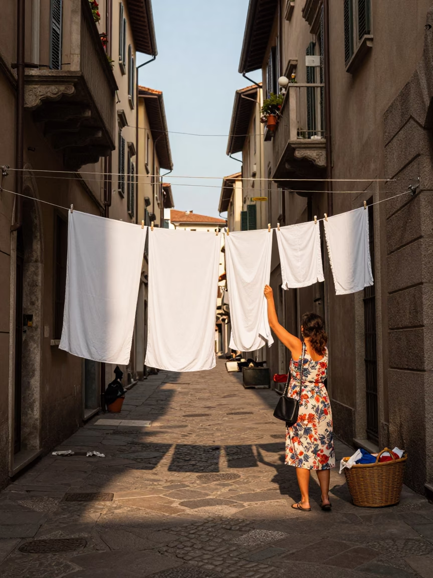 Milan Italy Late Afternoon Street Scene with Laundry and Basket in in Milan, Italy