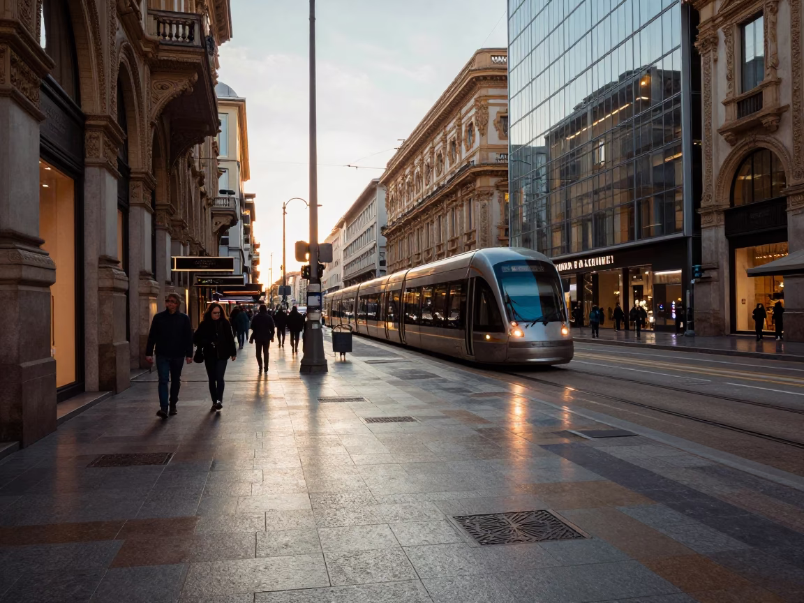 Milan Italy Late Afternoon Street Scene With Monorail and Urban Life in in Milan, Italy
