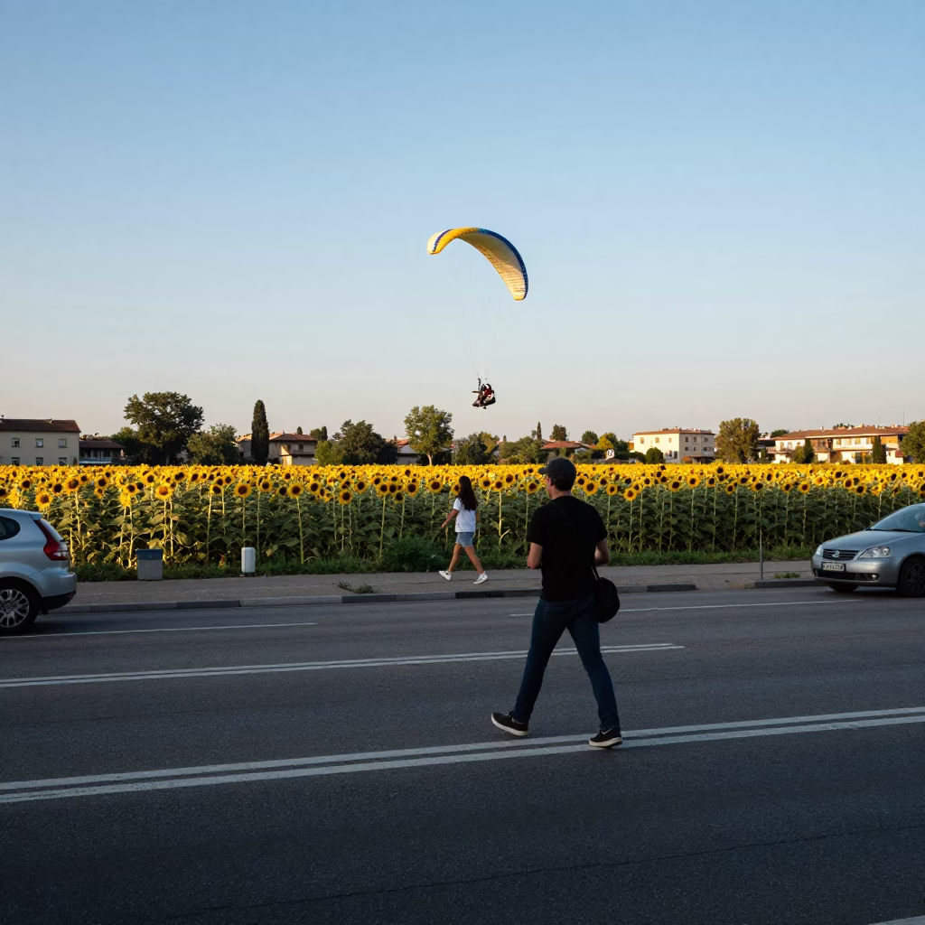 Milan Italy late afternoon street scene with paramotor and sunflowers in distance in in Milan, Italy