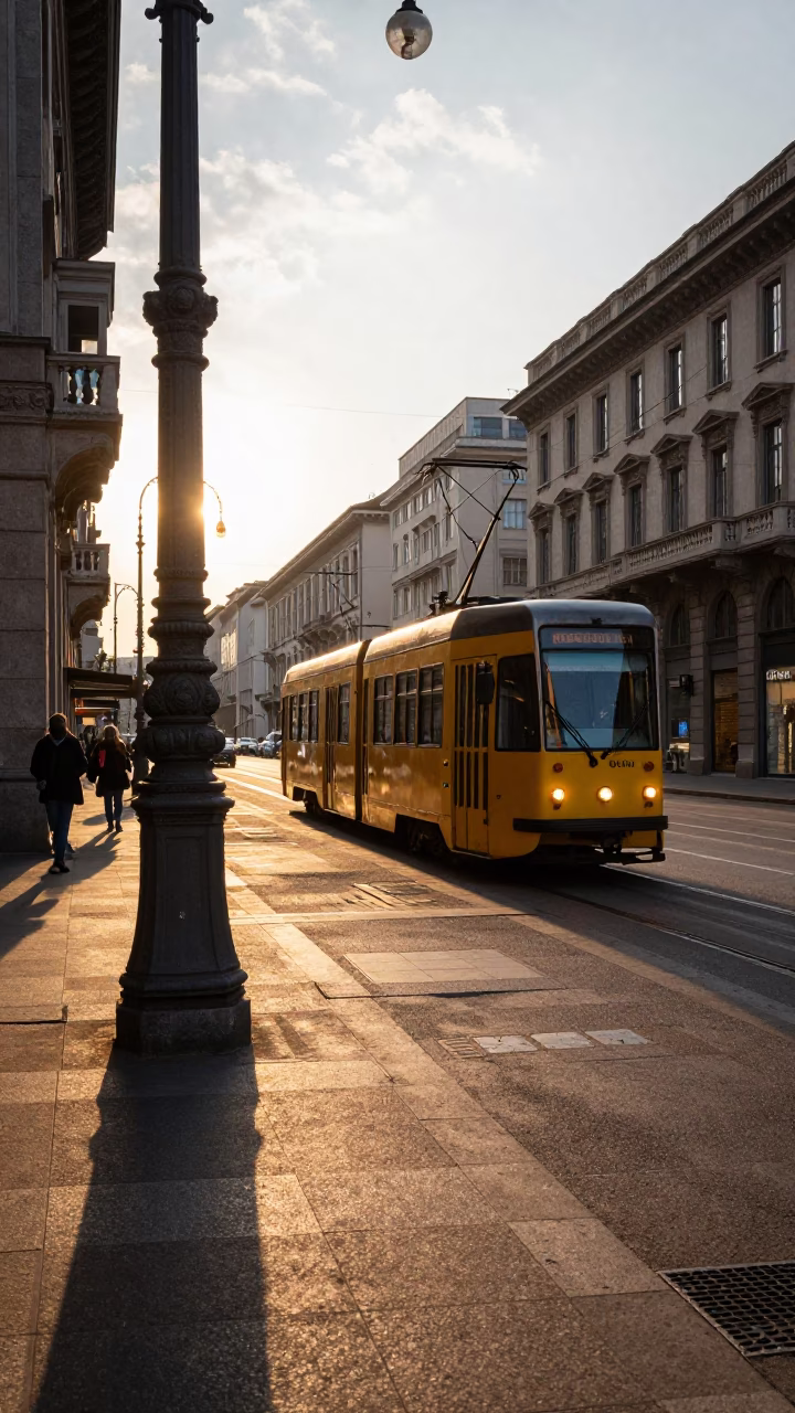 Milan Italy Late Afternoon Street Scene with Tram and Art Nouveau Facades in in Milan, Italy