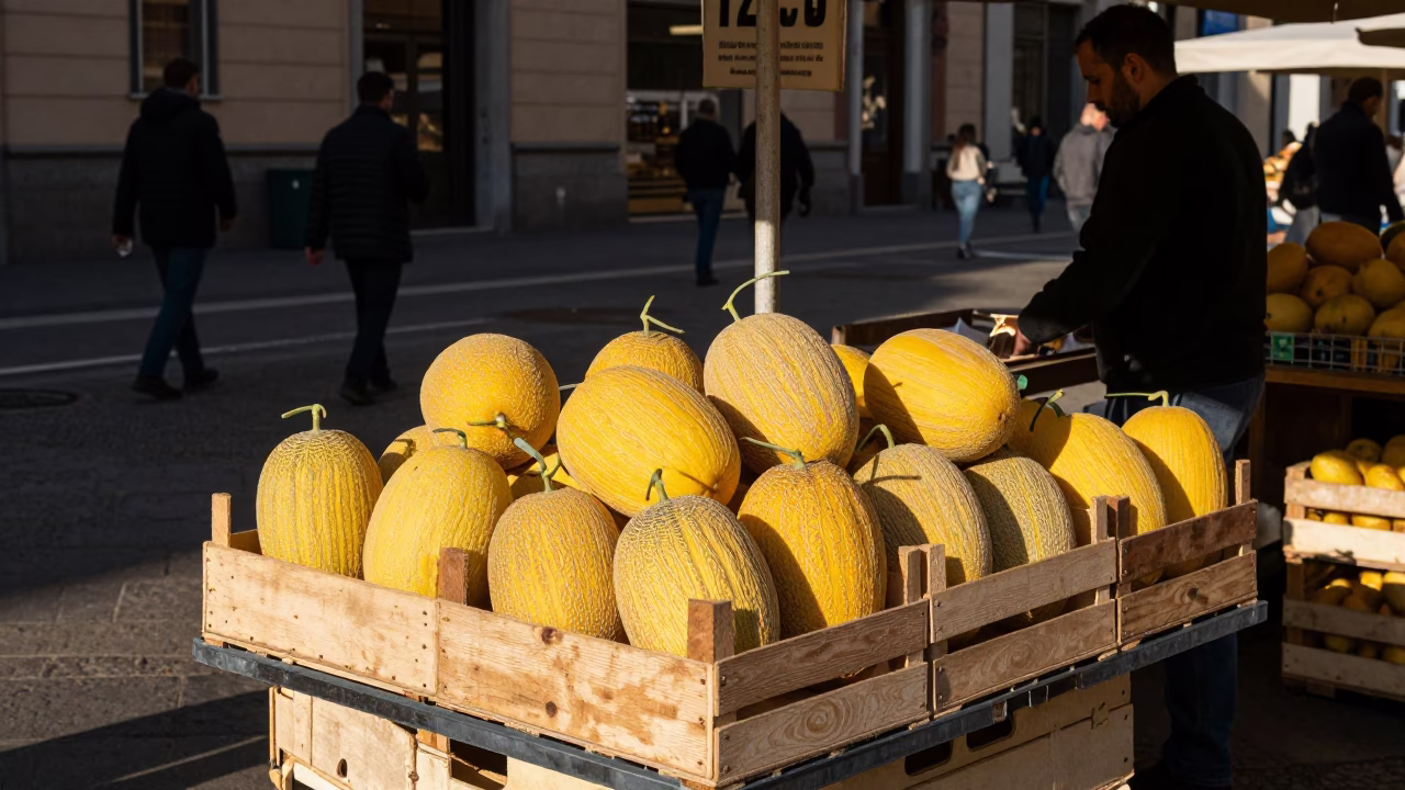 Milan Italy Late Afternoon Street Scene with Wooden Crate and Melons at Local Market in in Milan, Italy