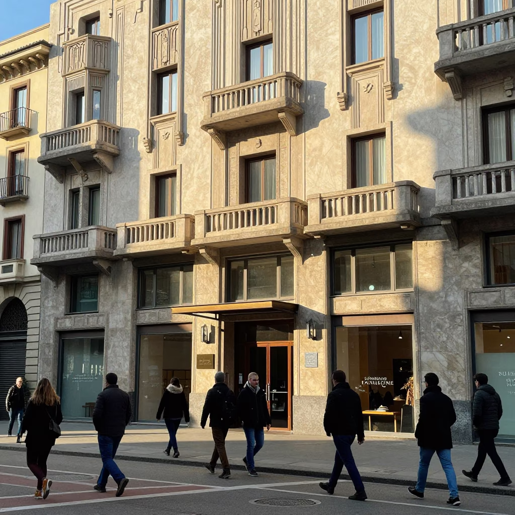Milan Italy Late Morning Art Deco Hotel Facade with Urban Street Life in in Milan, Italy
