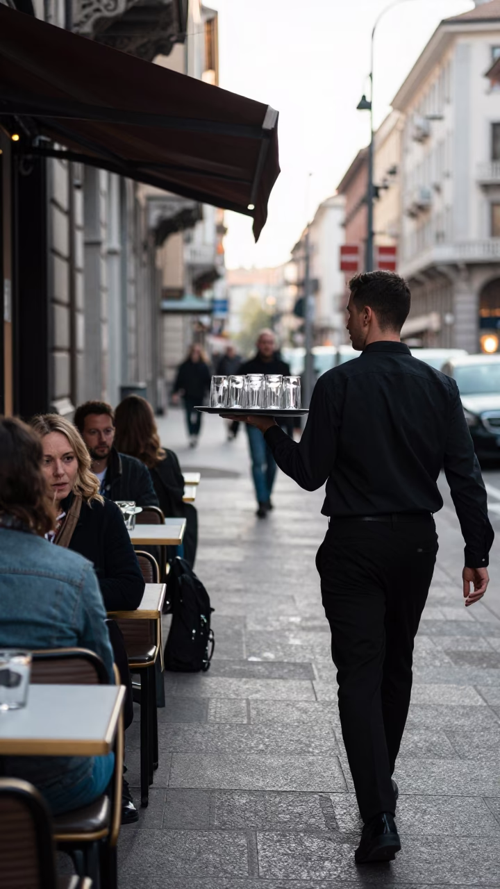Milan Italy Late Morning Street Scene with Glass Tumblers and Local Life in in Milan, Italy