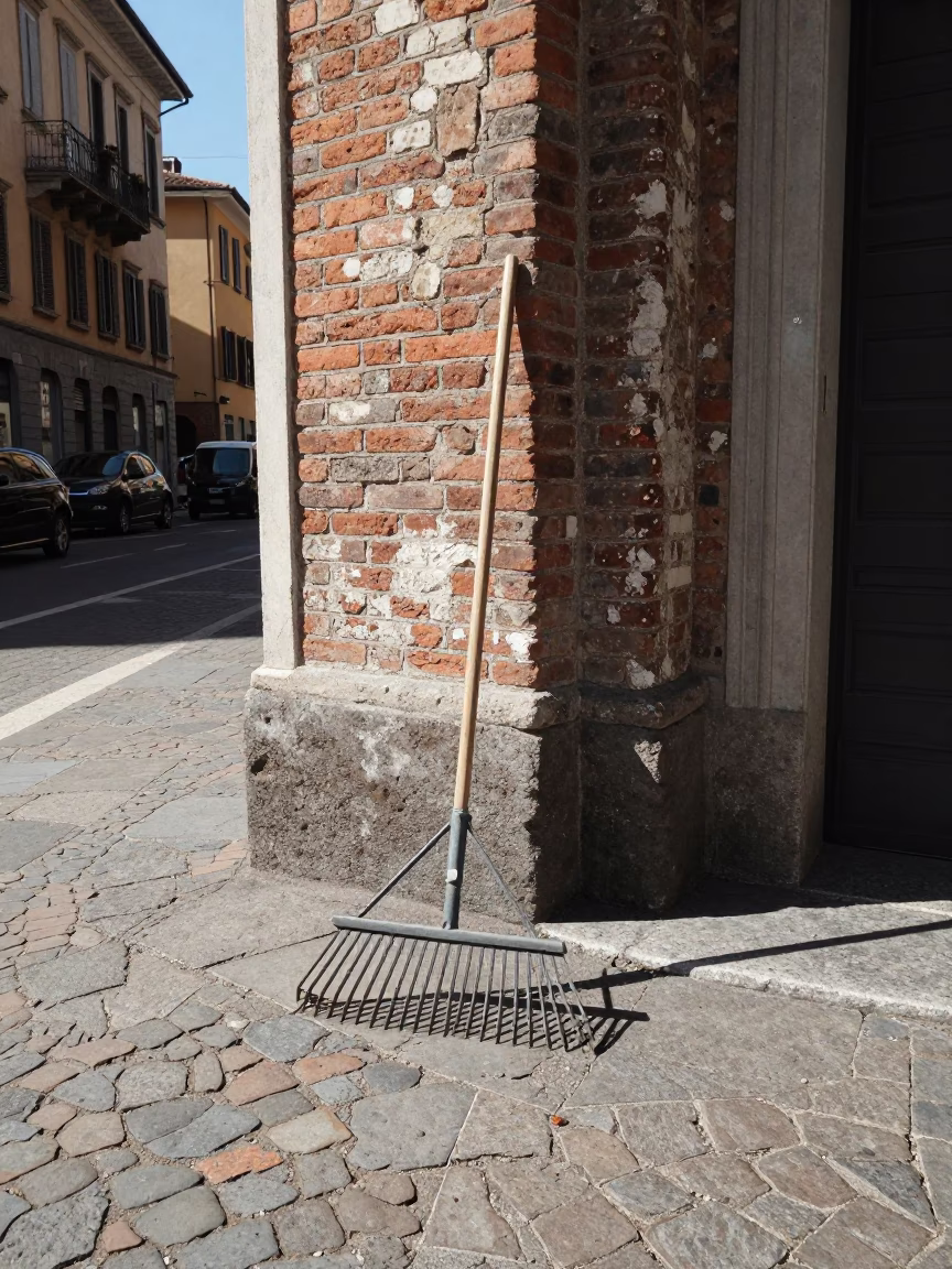 Milan Italy Midday Street Scene with Garden Rake and Urban Detail in in Milan, Italy