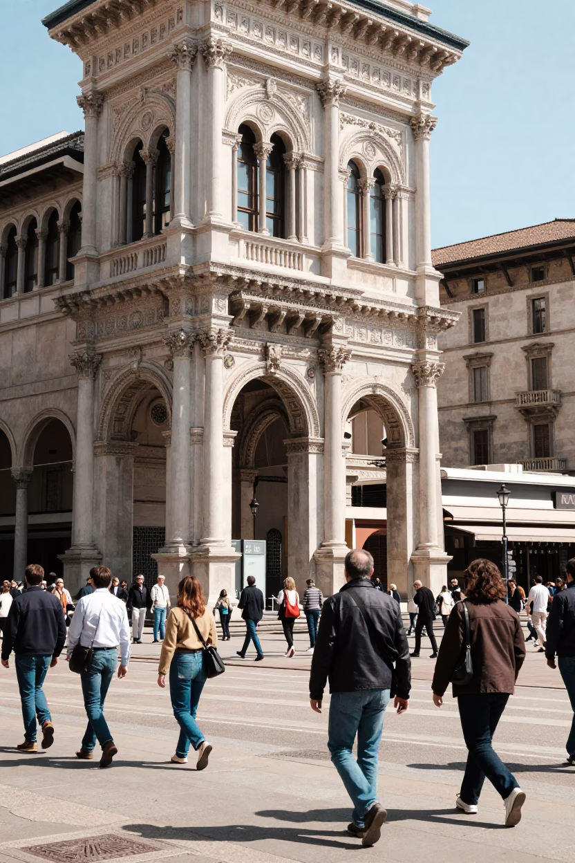 Milan Italy midday street scene with historic architecture and local cafe culture in in Milan, Italy