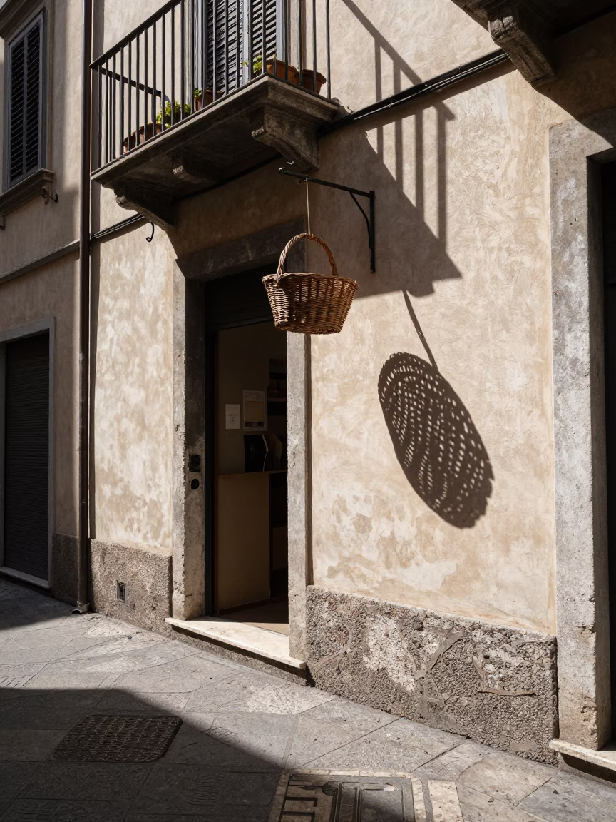 Milan Italy Midday Street Scene with Wicker Shadow on Plaster Wall and Local Life in in Milan, Italy