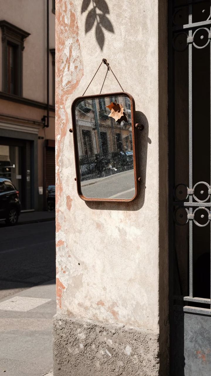 Milan Italy Midmorning Street Scene with Rusty Mirror and Leaf Shadows in in Milan, Italy