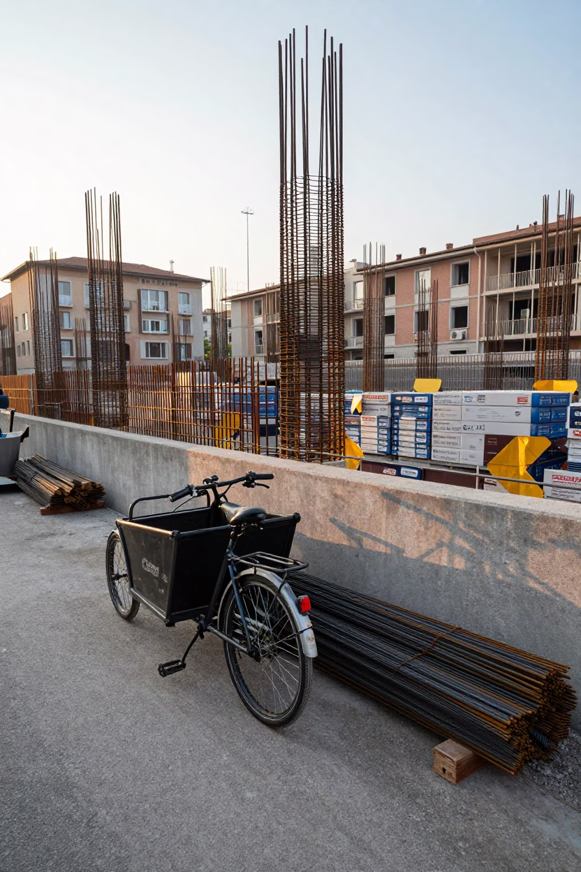 Milan Italy Morning Light Reveals Construction Site Rebar and Cargo Bicycle Near Historic Piazza in in Milan, Italy