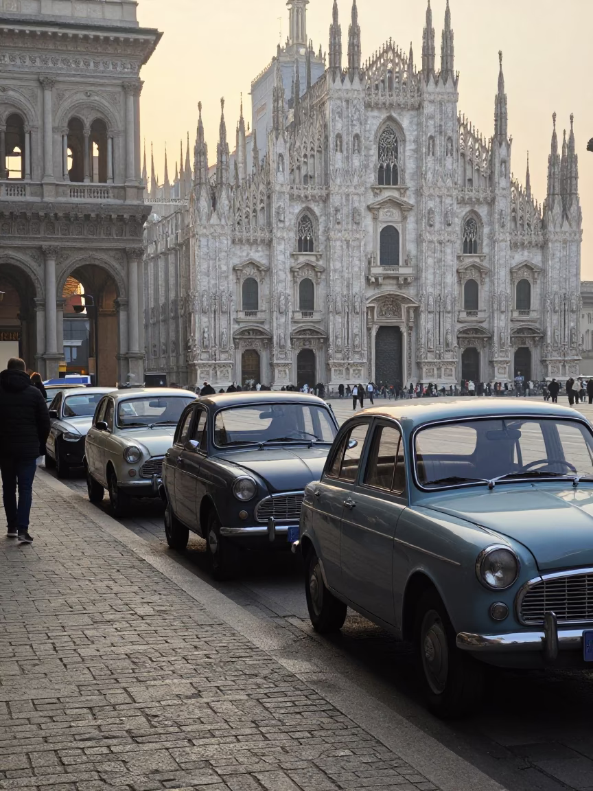 Milan Italy Morning Street Scene with Vintage Cars and Historic Architecture in in Milan, Italy