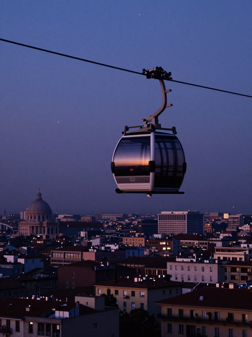 Milan Italy Nautical Dawn Aerial Tramway Gondola Floating Above Morning Fog Cityscape in in Milan, Italy