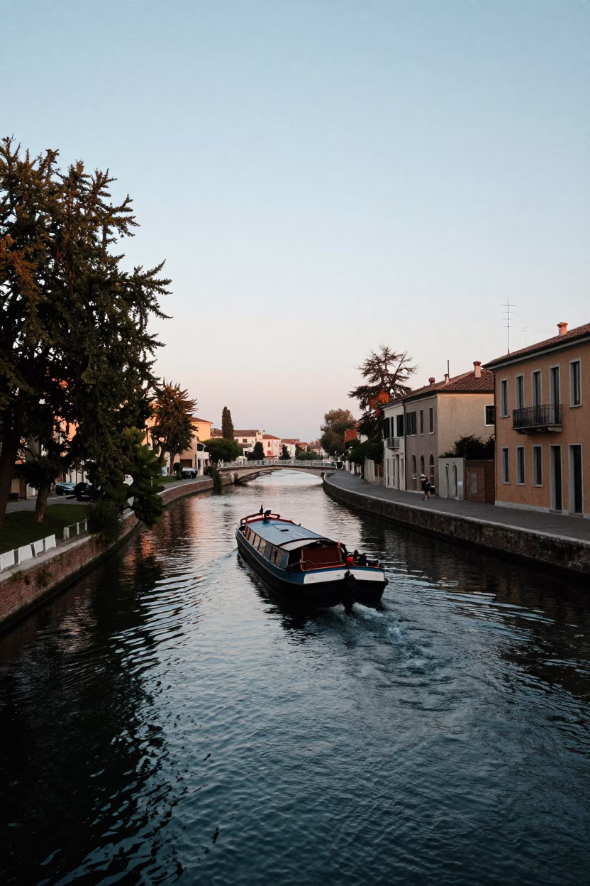 Milan Italy Nautical Dawn Canal Scene with Barge and Tree Lined Banks in in Milan, Italy
