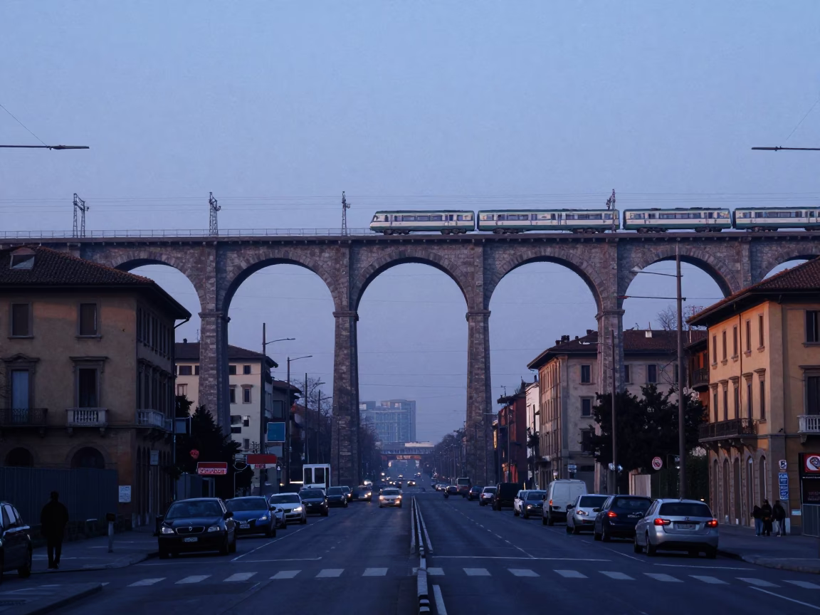 Milan Italy Nautical Dawn Railway Viaduct and Urban Street Life in in Milan, Italy