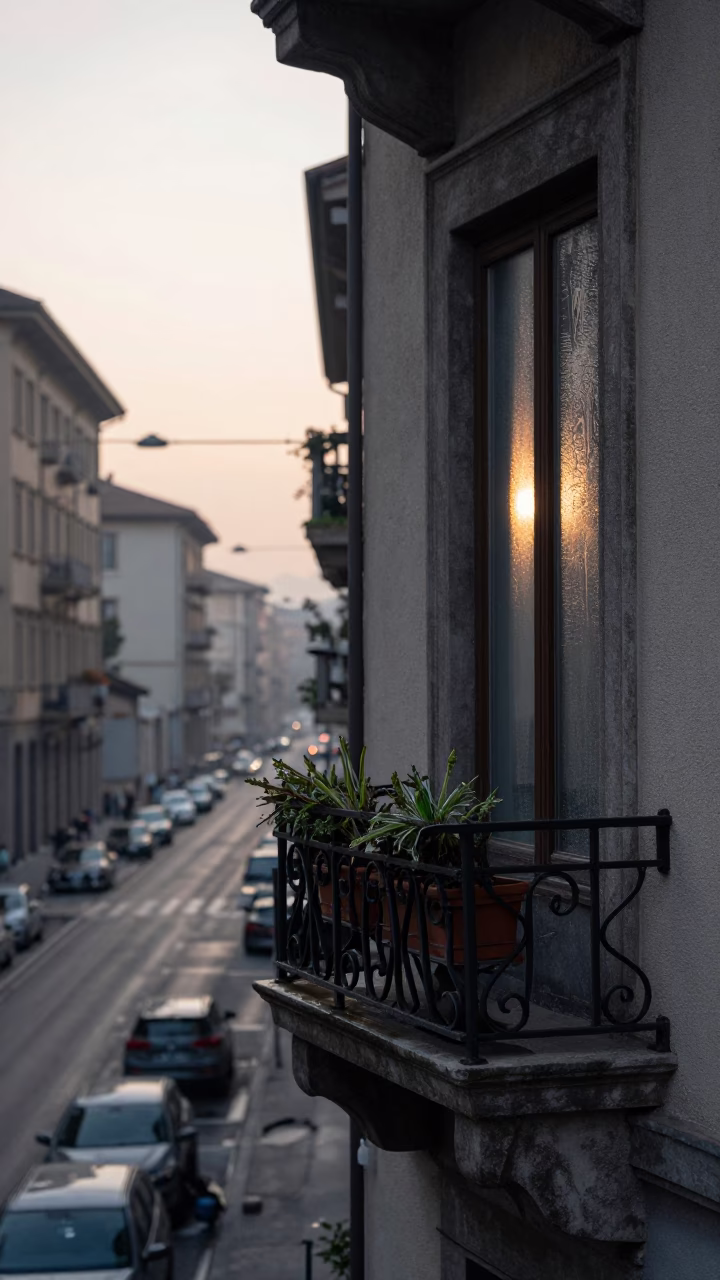 Milan Italy Nautical Dawn Street Scene with Condensation and Window Box in in Milan, Italy