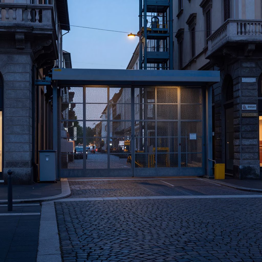 Milan Italy Nautical Dawn Street Scene with Construction Elevator Gate and Rebar Bundles in in Milan, Italy