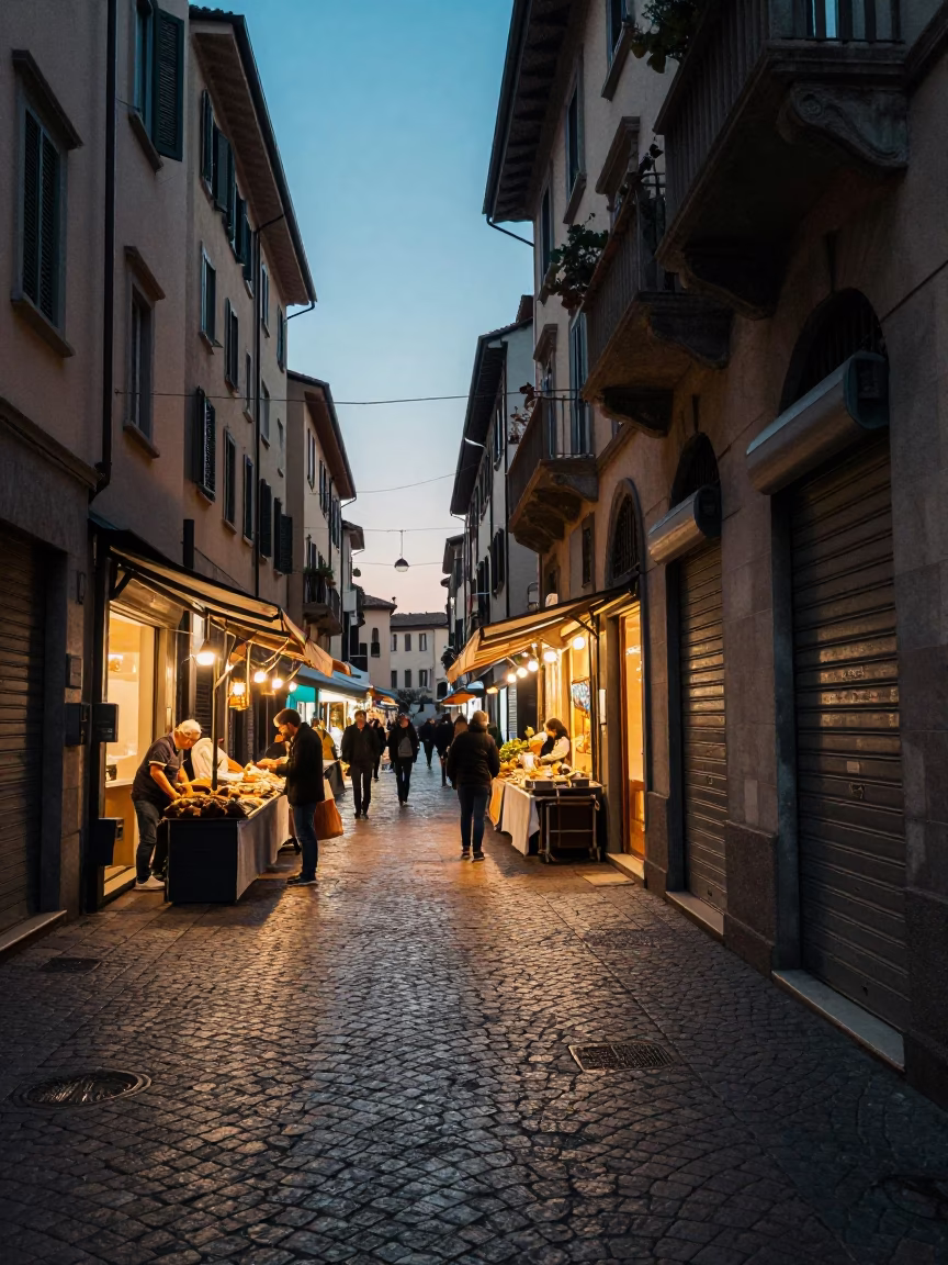 Milan Italy Nautical Dawn Street Scene with Local Market Activity in in Milan, Italy