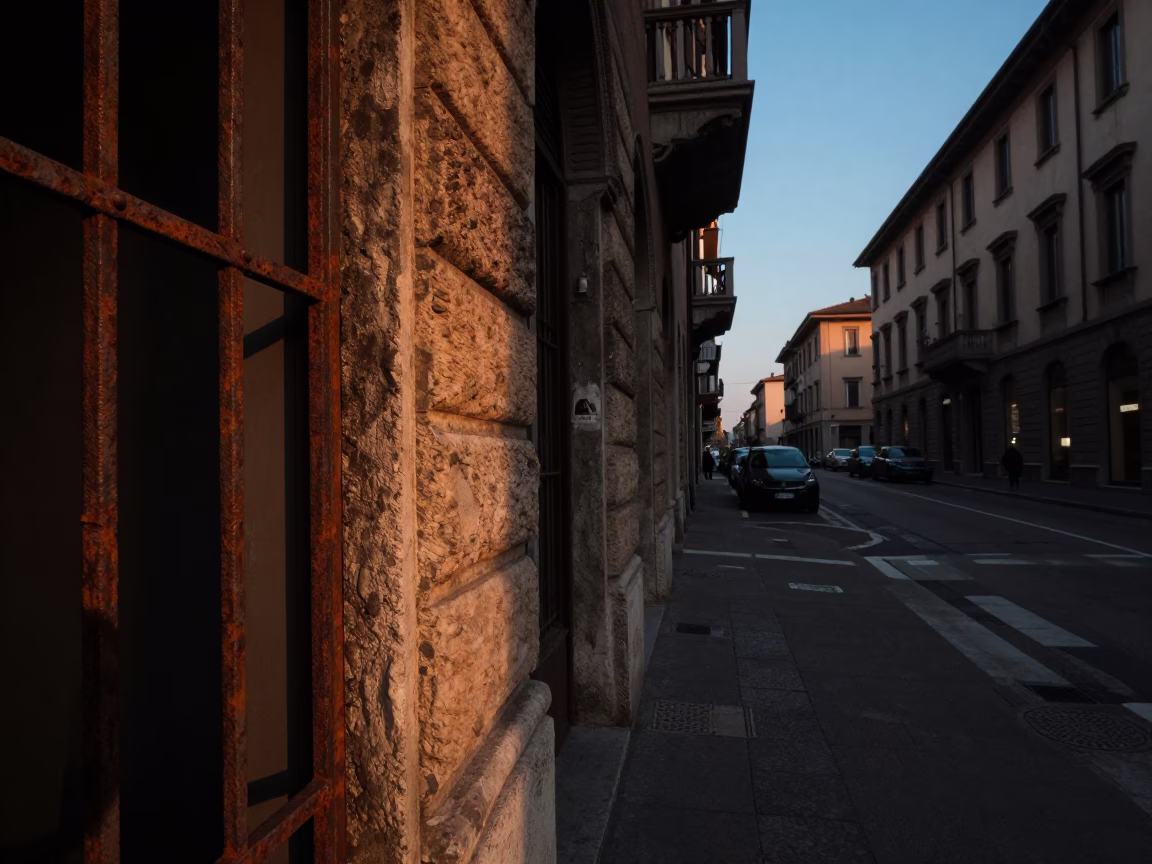 Milan Italy Nautical Dawn Street Scene with Rusty Doorframe and Blue Porcelain in in Milan, Italy