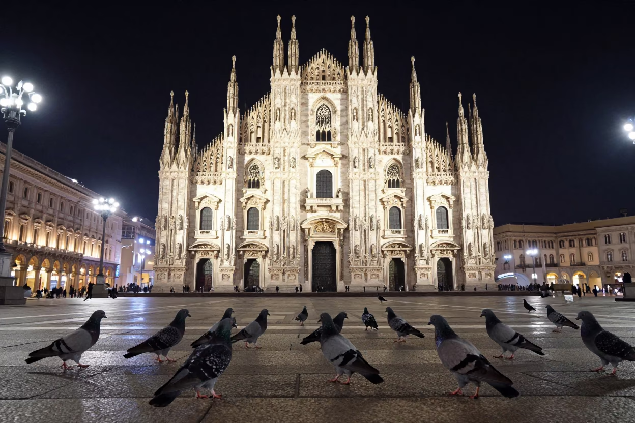 Milan Italy Night Sky Duomo Square Pigeons and Urban Life in in Milan, Italy