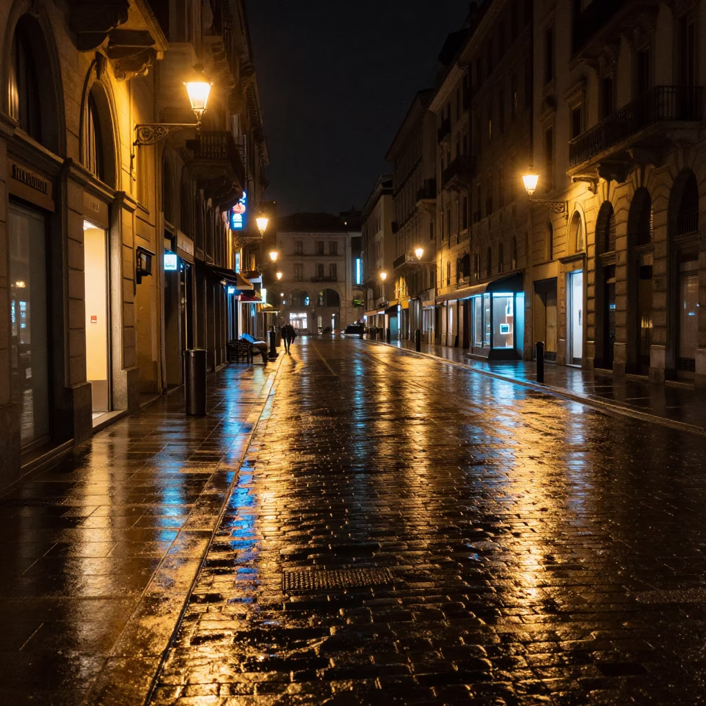 Milan Italy Night Street Scene with Neon Reflections and Urban Architecture in in Milan, Italy