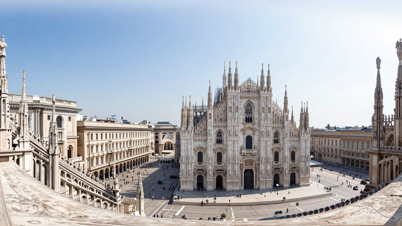 Milan Italy Noon Landscape View of Duomo Cathedral and Historic Skyline Under Flat Glare in in Milan, Italy