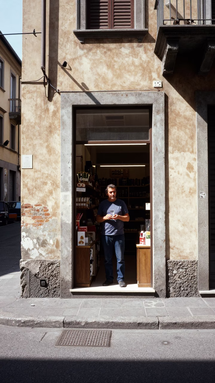 Milan Italy Noon Street Scene with Local Shopkeeper and Glass Tumblers in in Milan, Italy
