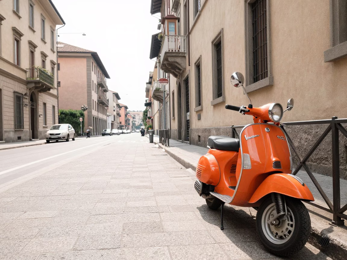 Milan Italy Noon Street Scene with Vintage Scooter and Orange Zinnias in in Milan, Italy