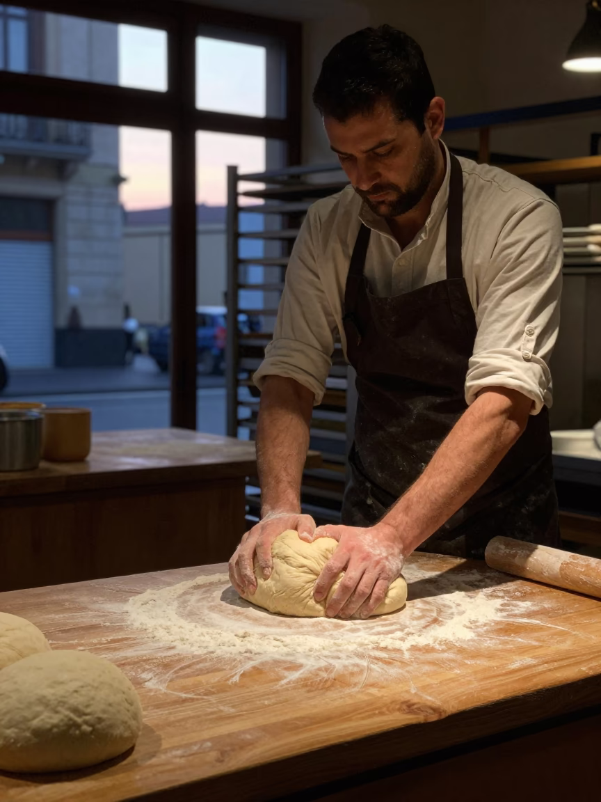 Milan Italy Pre-Dawn Bakery Interior with Baker Kneading Dough on Floured Surface in in Milan, Italy