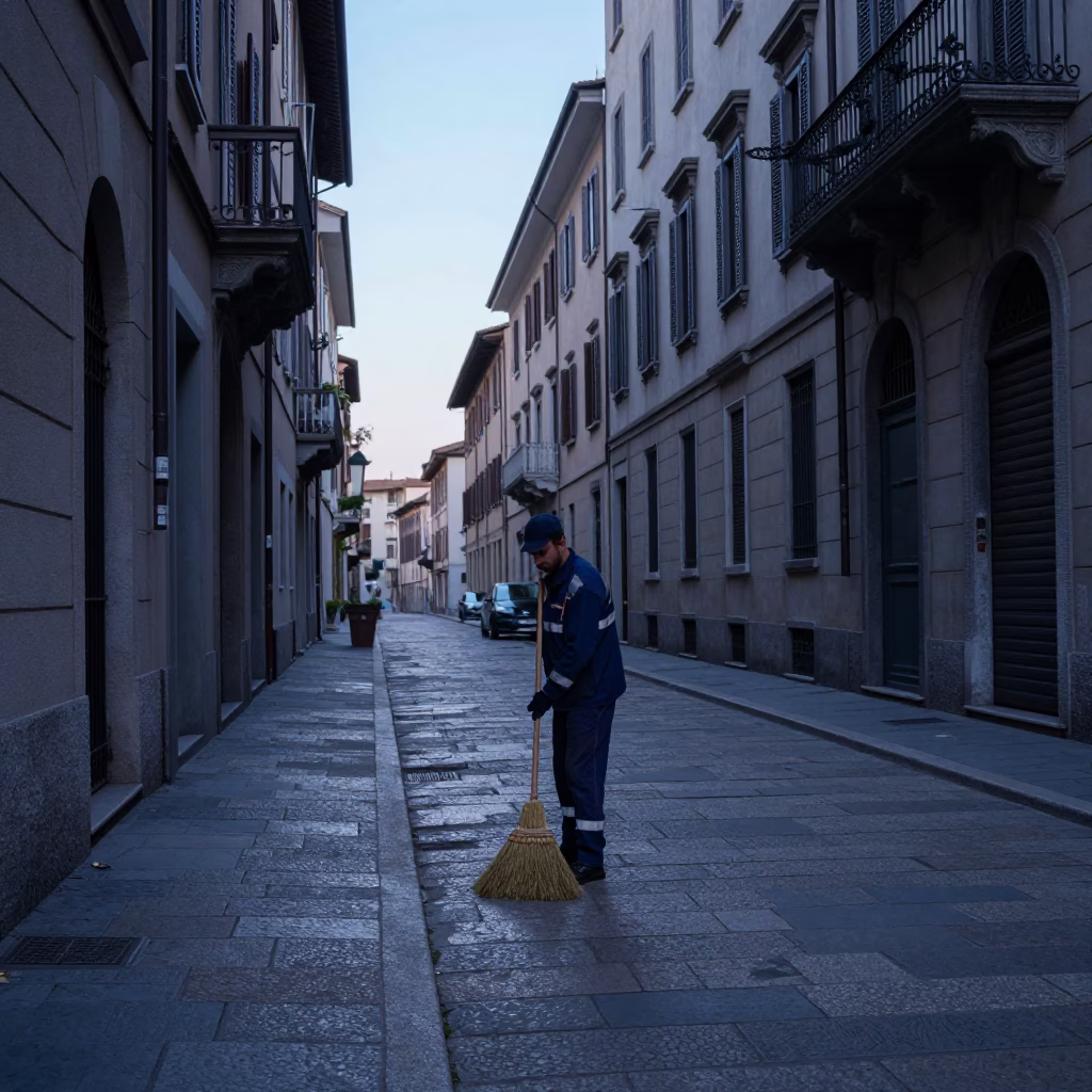 Milan Italy Pre-Dawn Street Scene with Brooms and Urban Architecture in in Milan, Italy