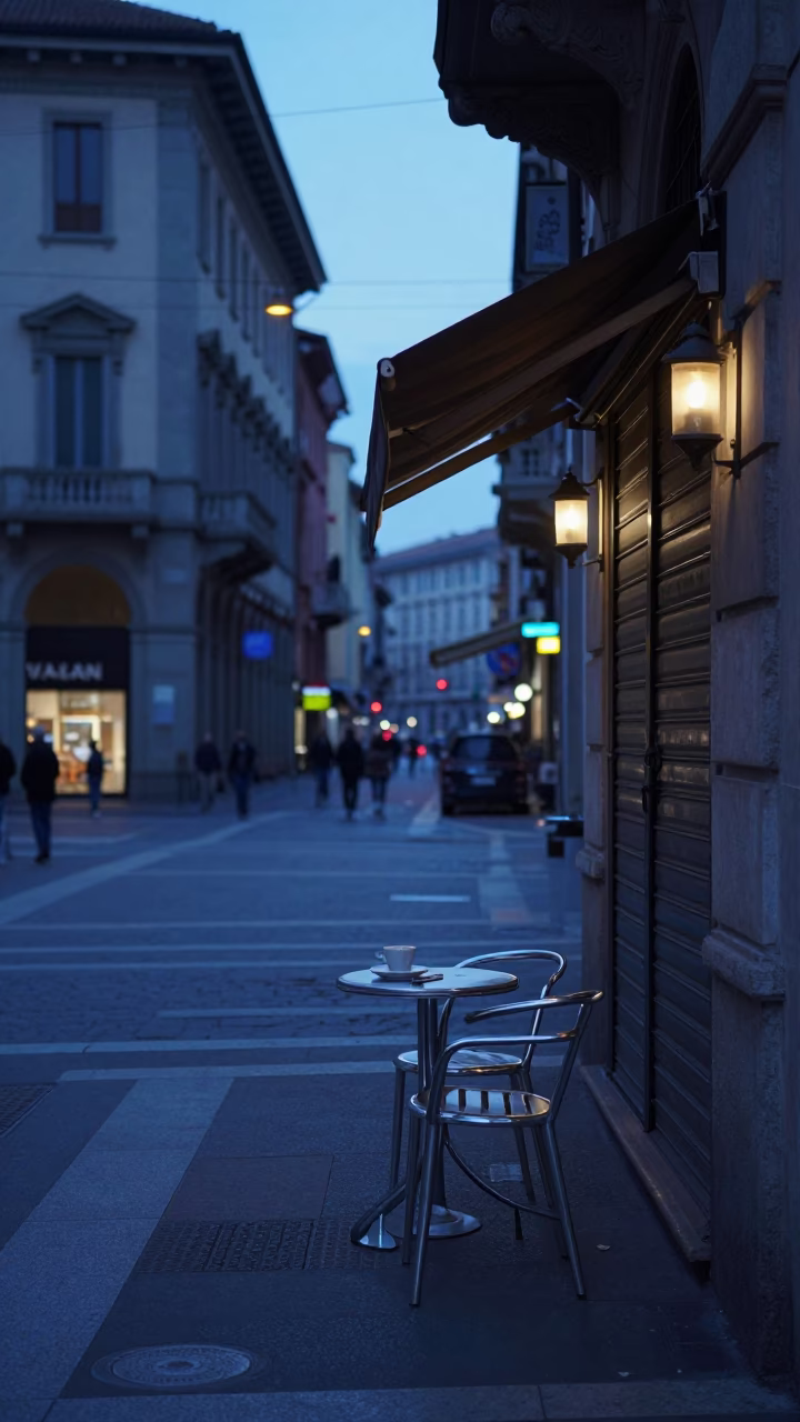 Milan Italy pre-dawn street scene with coffee cup and morning light in in Milan, Italy