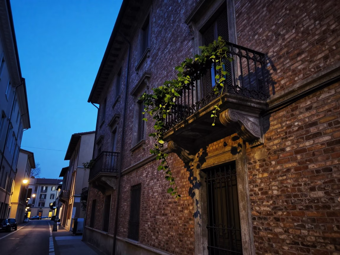 Milan Italy Pre-Dawn Street Scene with Comb and Vine on Balcony in in Milan, Italy