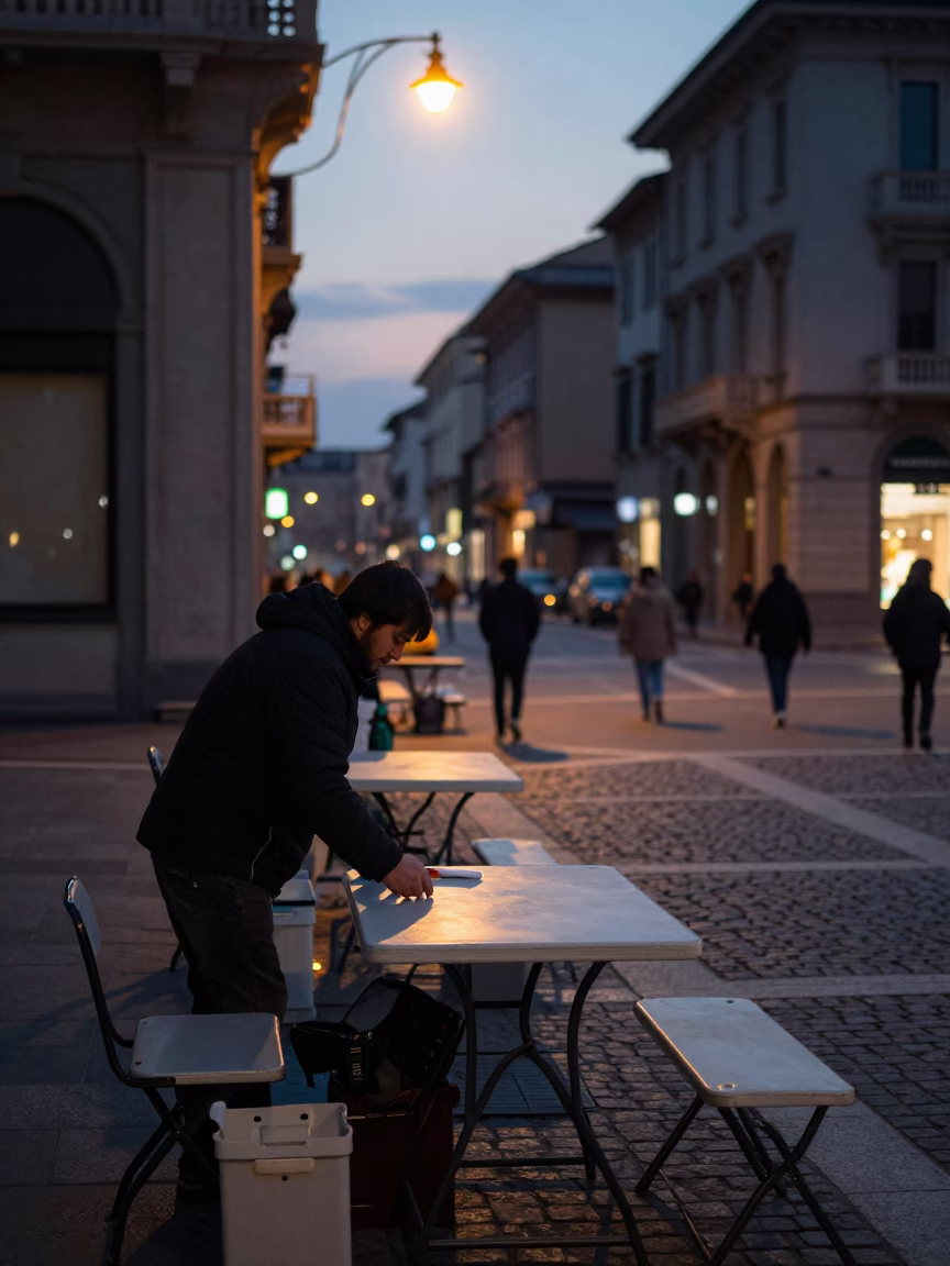 Milan Italy Pre-Dawn Street Scene With Folding Tables And Hand Towels in in Milan, Italy