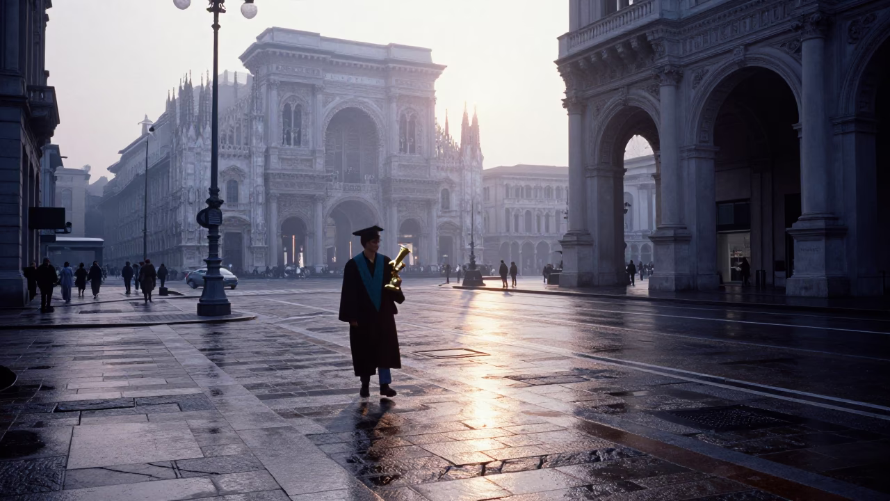 Milan Italy Pre-Dawn Street Scene with Graduation Gown and Brass Details in in Milan, Italy