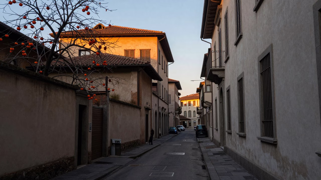 Milan Italy Pre-Dawn Street Scene With Persimmons And Vintage 1950s Aesthetic in in Milan, Italy