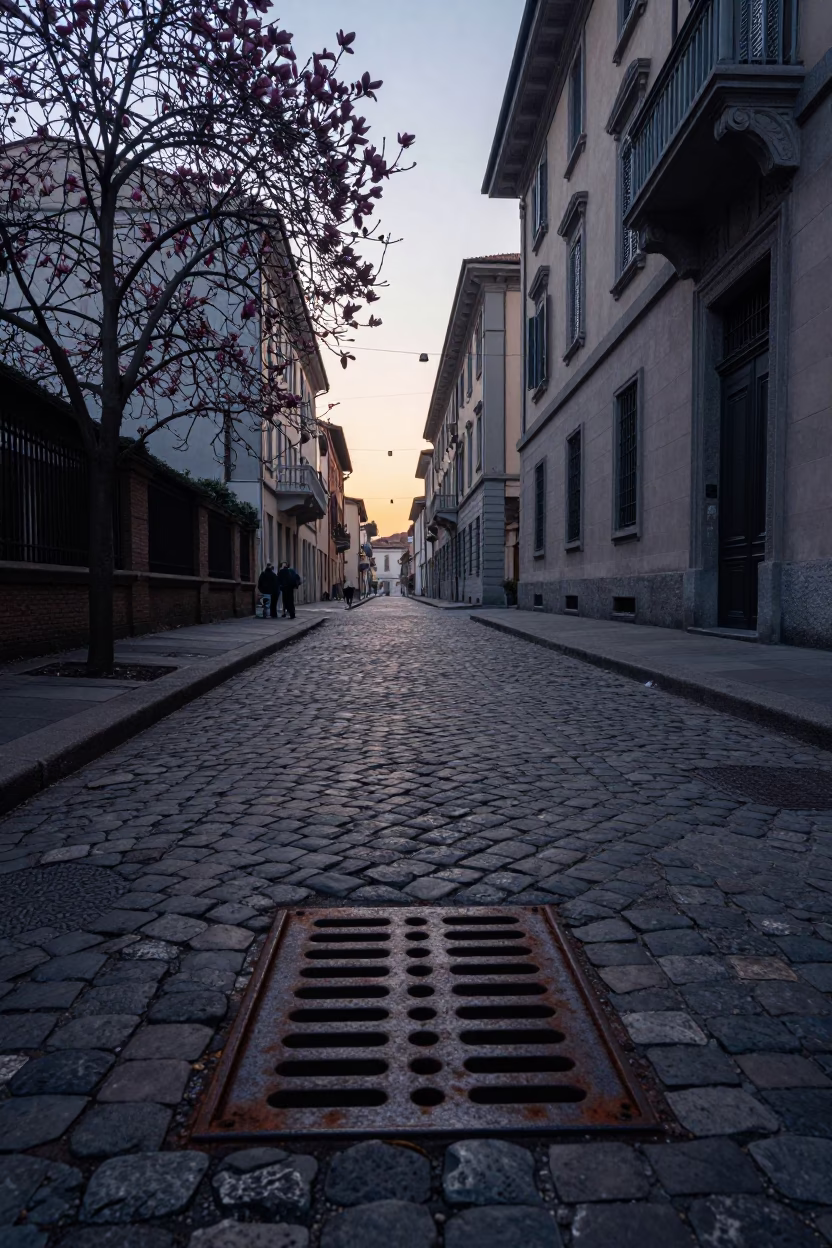Milan Italy Pre-Dawn Street Scene with Rusty Drain and Magnolia Shadows in in Milan, Italy