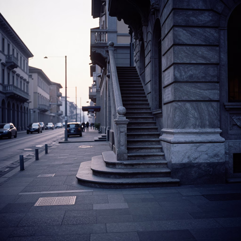 Milan Italy Pre-Dawn Street Scene with School Staircase and Marble Details in in Milan, Italy